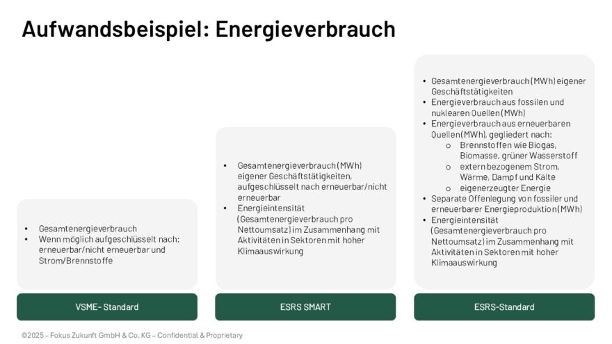 Dieses Schaubild zeigt auf, wie viel Aufwand hinter den Berichtsformaten VSME, ESRS und ESRS SMART steckt am Beispiel des Energieverbrauchs eines Unternehmens.