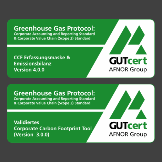 Hier sind die GutCert Logos zu sehen, die die Erfassungsmaske sowie das Bilanzierungstool von Fokus Zukunft verifizieren.