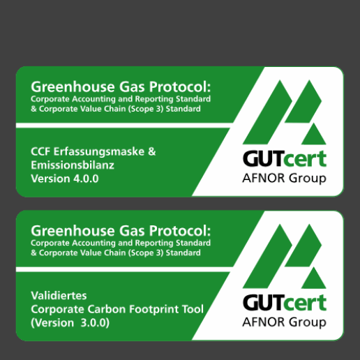 Hier sind die GutCert Logos zu sehen, die die Erfassungsmaske sowie das Bilanzierungstool von Fokus Zukunft verifizieren.